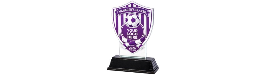 **SPECIAL BUY** CLICK AND GO CUSTOM SHIELD FOOTBALL TROPHY - 16CM - 20CM - AVAILABLE IN 5 COLOURS